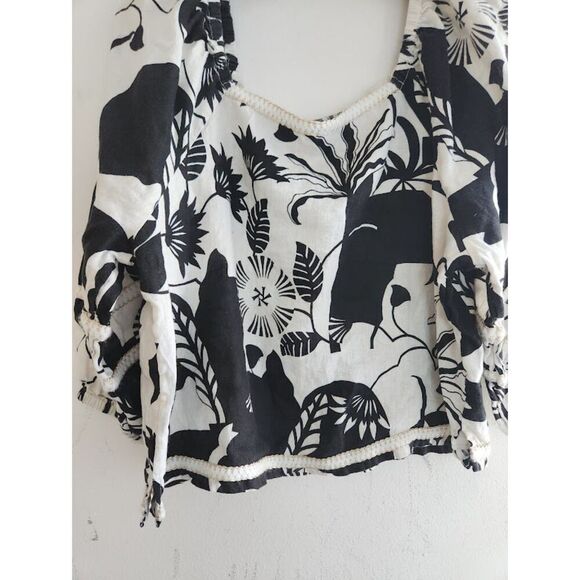Nicole Miller Women Black White Floral Off The Shoulder 100% Linen Blouse Large - Picture 3 of 6